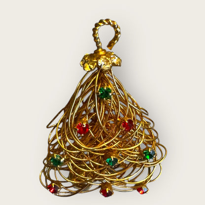 Vintage Wire-Wrapped Christmas Tree Brooch – Gold-Tone with Red & Green Rhinestones