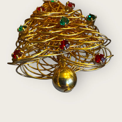 Vintage Wire-Wrapped Christmas Tree Brooch – Gold-Tone with Red & Green Rhinestones