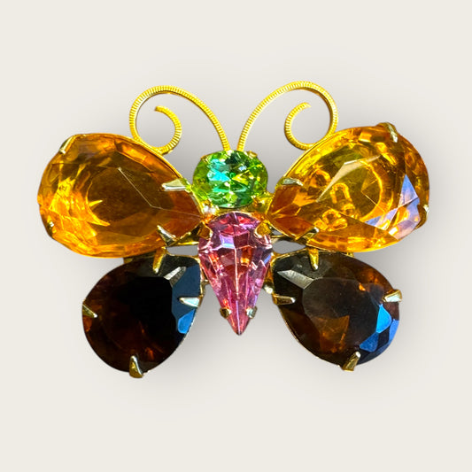 Signed Joan Rivers Butterfly Brooch – Multicolor Glass Stones, Gold-Tone, Dimensional Design