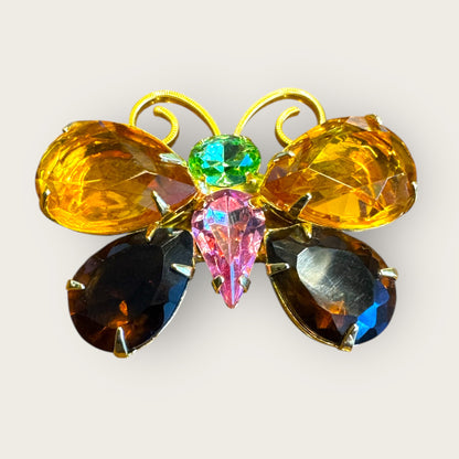 Signed Joan Rivers Butterfly Brooch – Multicolor Glass Stones, Gold-Tone, Dimensional Design