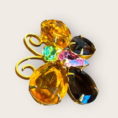Signed Joan Rivers Butterfly Brooch – Multicolor Glass Stones, Gold-Tone, Dimensional Design