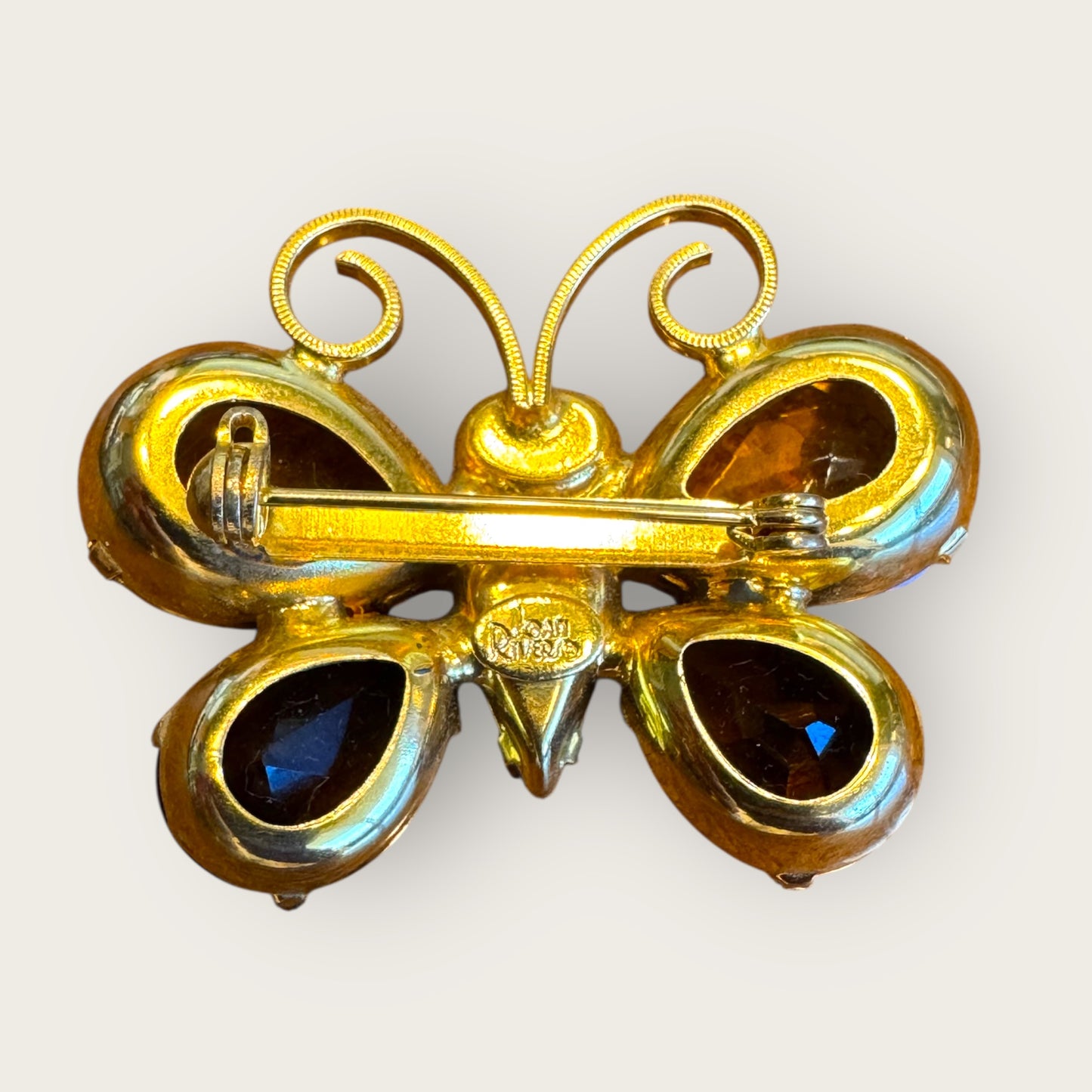 Signed Joan Rivers Butterfly Brooch – Multicolor Glass Stones, Gold-Tone, Dimensional Design