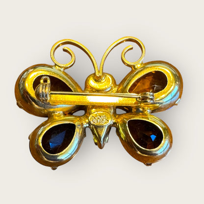 Signed Joan Rivers Butterfly Brooch – Multicolor Glass Stones, Gold-Tone, Dimensional Design