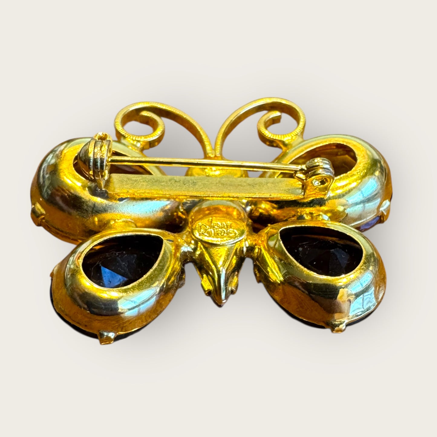 Signed Joan Rivers Butterfly Brooch – Multicolor Glass Stones, Gold-Tone, Dimensional Design