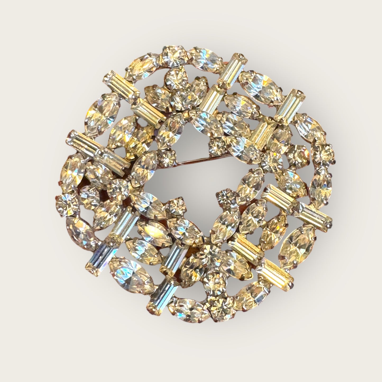 Vintage Layered Rhinestone Brooch – Multi-Shape Stones, Silver-Plated, 3D Couture Cluster Design