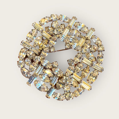 Vintage Layered Rhinestone Brooch – Multi-Shape Stones, Silver-Plated, 3D Couture Cluster Design