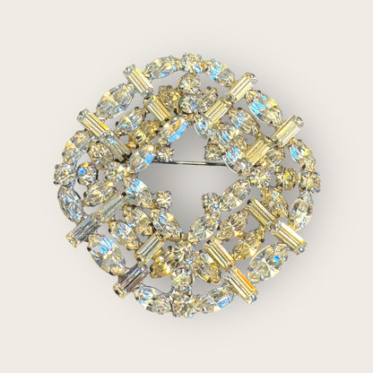Vintage Layered Rhinestone Brooch – Multi-Shape Stones, Silver-Plated, 3D Couture Cluster Design