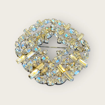 Vintage Layered Rhinestone Brooch – Multi-Shape Stones, Silver-Plated, 3D Couture Cluster Design
