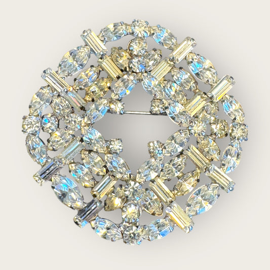 Vintage Layered Rhinestone Brooch – Multi-Shape Stones, Silver-Plated, 3D Couture Cluster Design