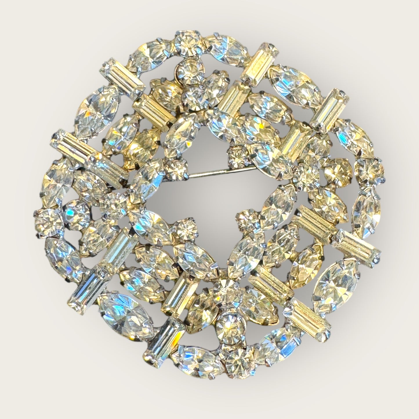 Vintage Layered Rhinestone Brooch – Multi-Shape Stones, Silver-Plated, 3D Couture Cluster Design
