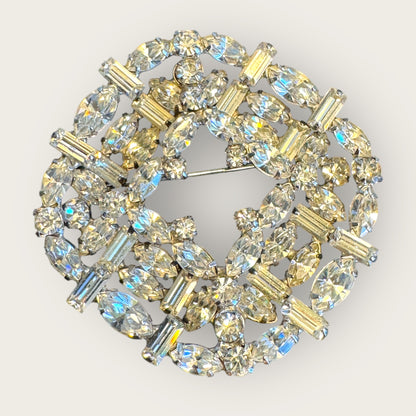 Vintage Layered Rhinestone Brooch – Multi-Shape Stones, Silver-Plated, 3D Couture Cluster Design