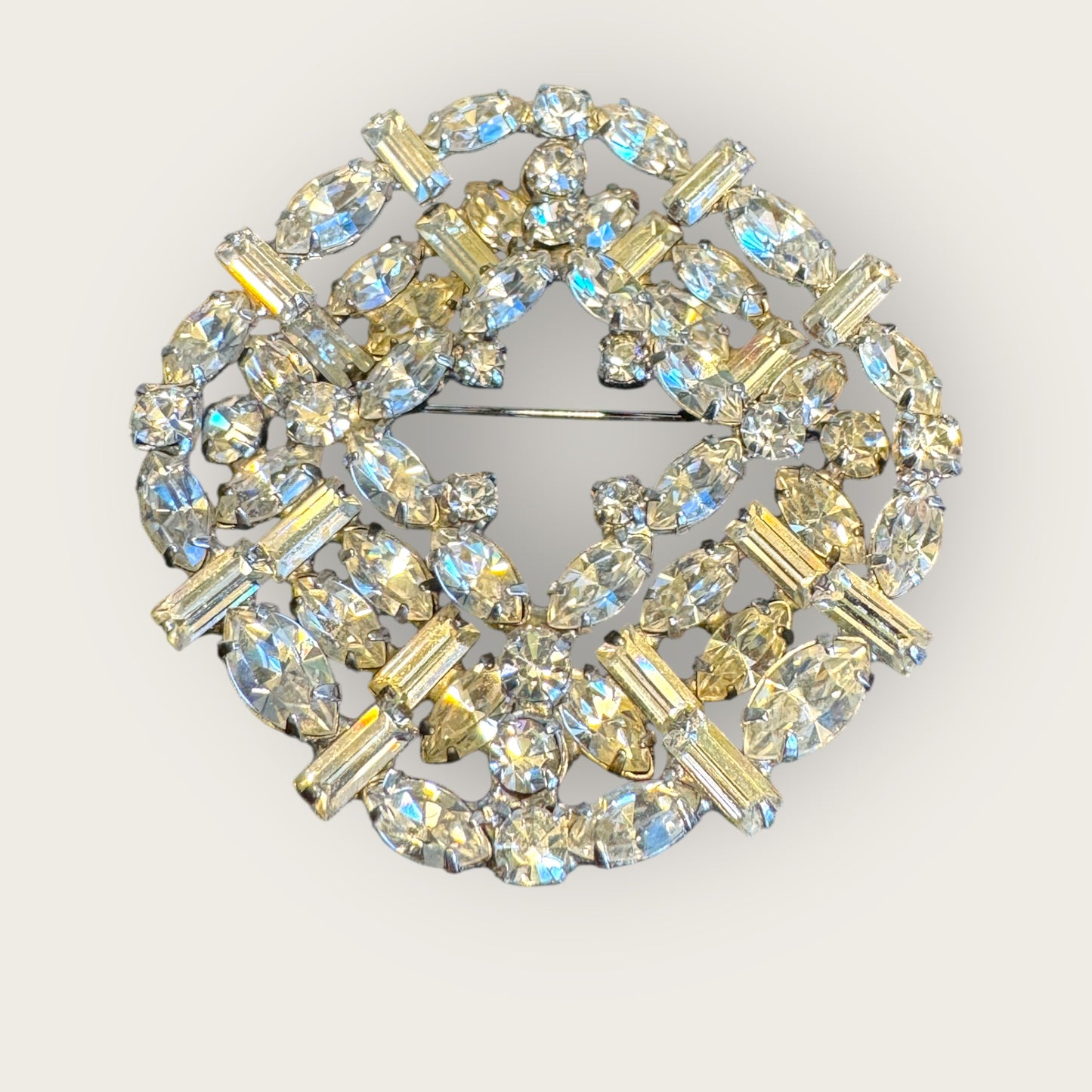 Vintage Layered Rhinestone Brooch – Multi-Shape Stones, Silver-Plated, 3D Couture Cluster Design