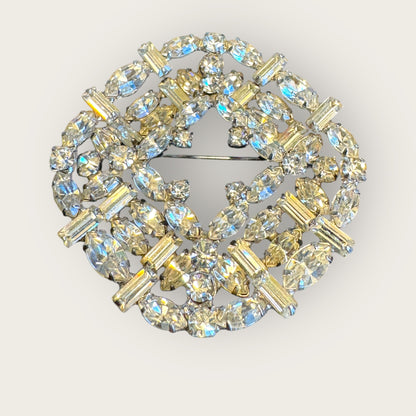 Vintage Layered Rhinestone Brooch – Multi-Shape Stones, Silver-Plated, 3D Couture Cluster Design