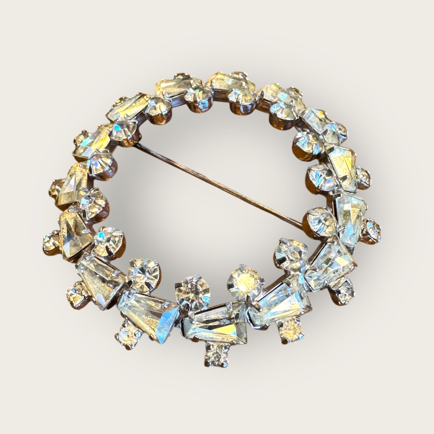 Vintage Rifas Crystal Wreath Brooch – Clear Faceted Baguettes & Rounds, Silver-Tone