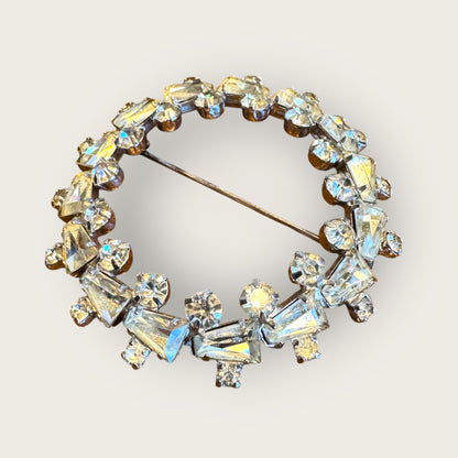 Vintage Rifas Crystal Wreath Brooch – Clear Faceted Baguettes & Rounds, Silver-Tone