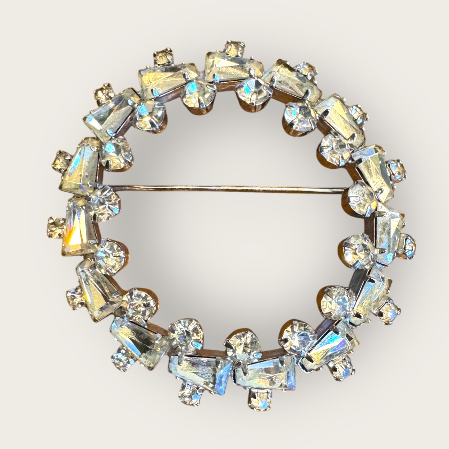 Vintage Rifas Crystal Wreath Brooch – Clear Faceted Baguettes & Rounds, Silver-Tone