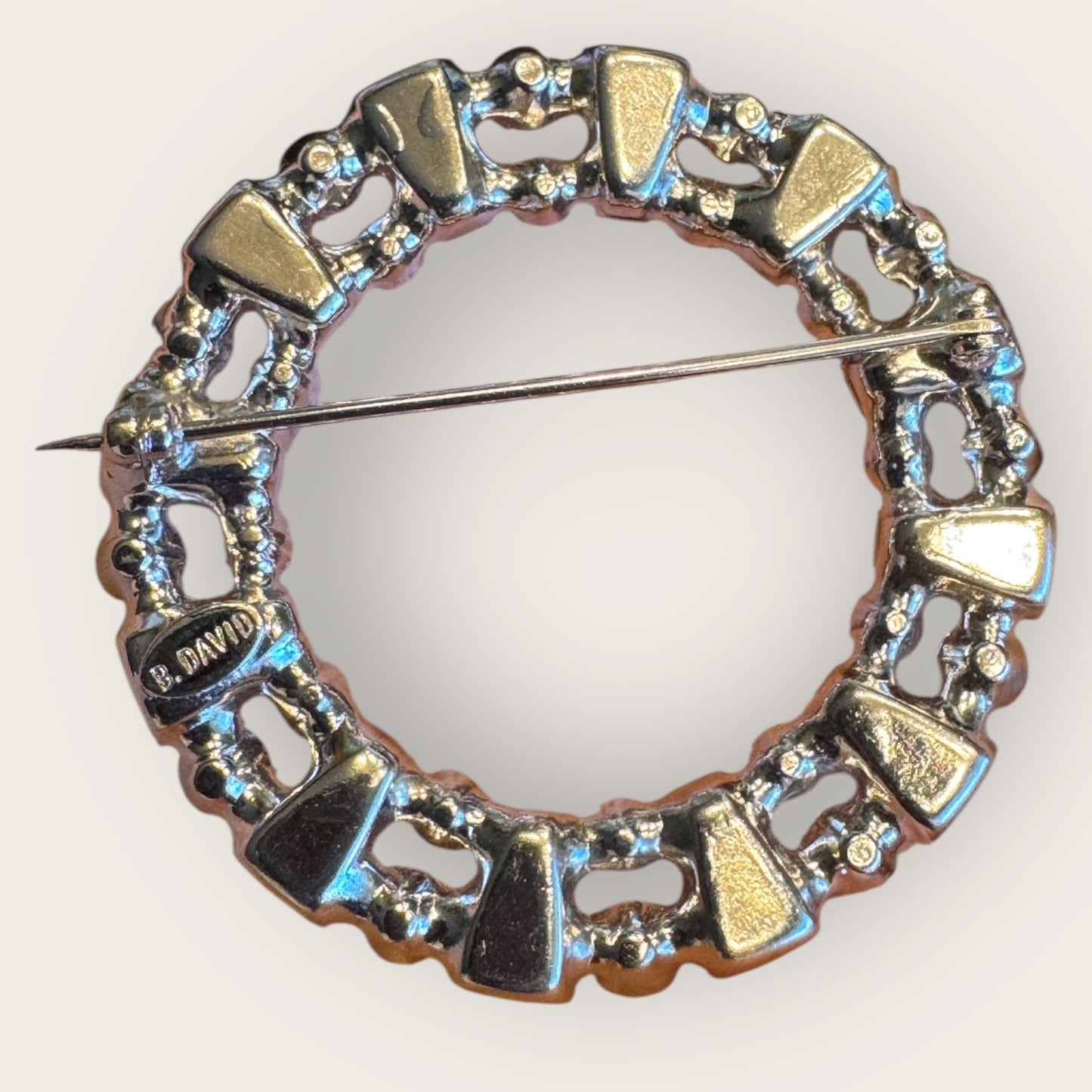 Vintage B. David Light Blue & Clear Rhinestone Circle Brooch – Silver-Tone | Mid-Century Elegance