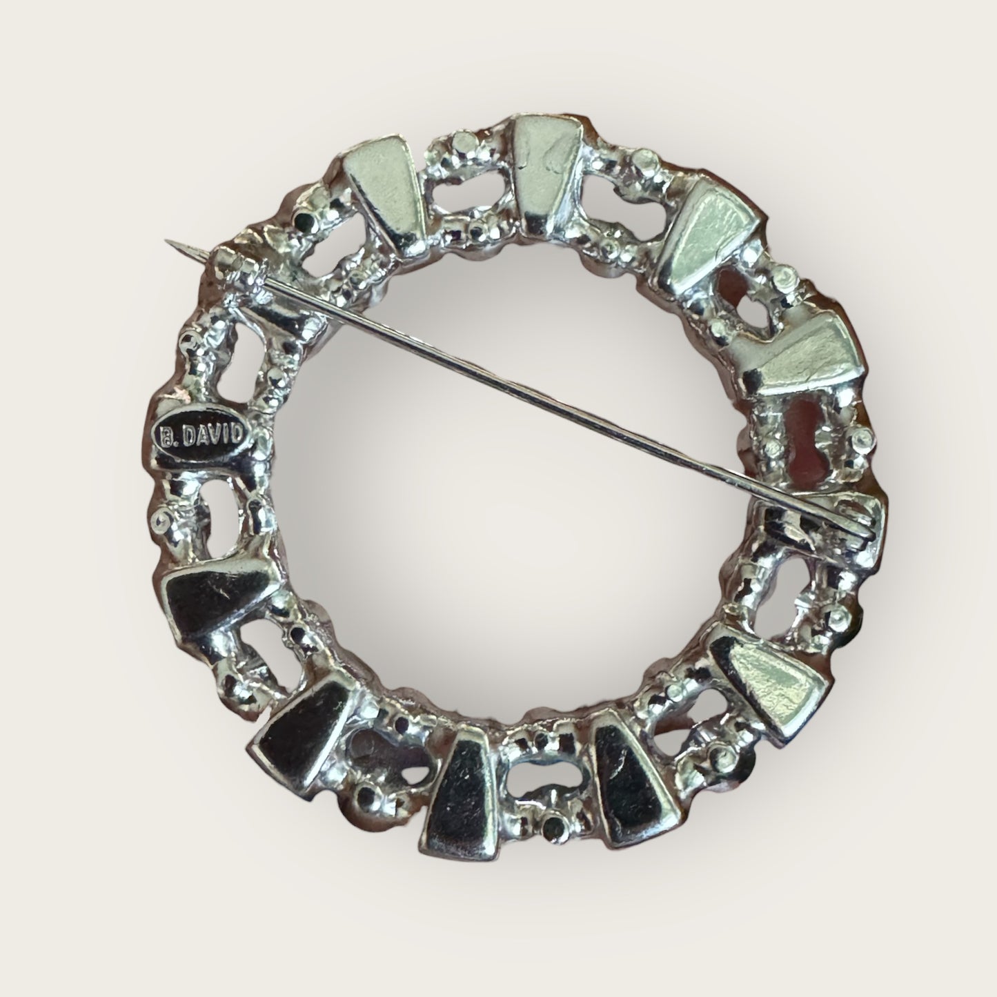 Vintage B. David Light Blue & Clear Rhinestone Circle Brooch – Silver-Tone | Mid-Century Elegance
