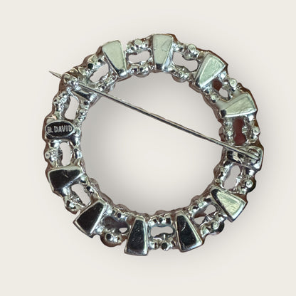 Vintage B. David Light Blue & Clear Rhinestone Circle Brooch – Silver-Tone | Mid-Century Elegance
