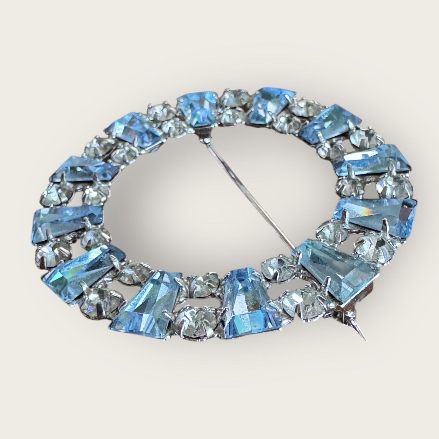 Vintage B. David Light Blue & Clear Rhinestone Circle Brooch – Silver-Tone | Mid-Century Elegance
