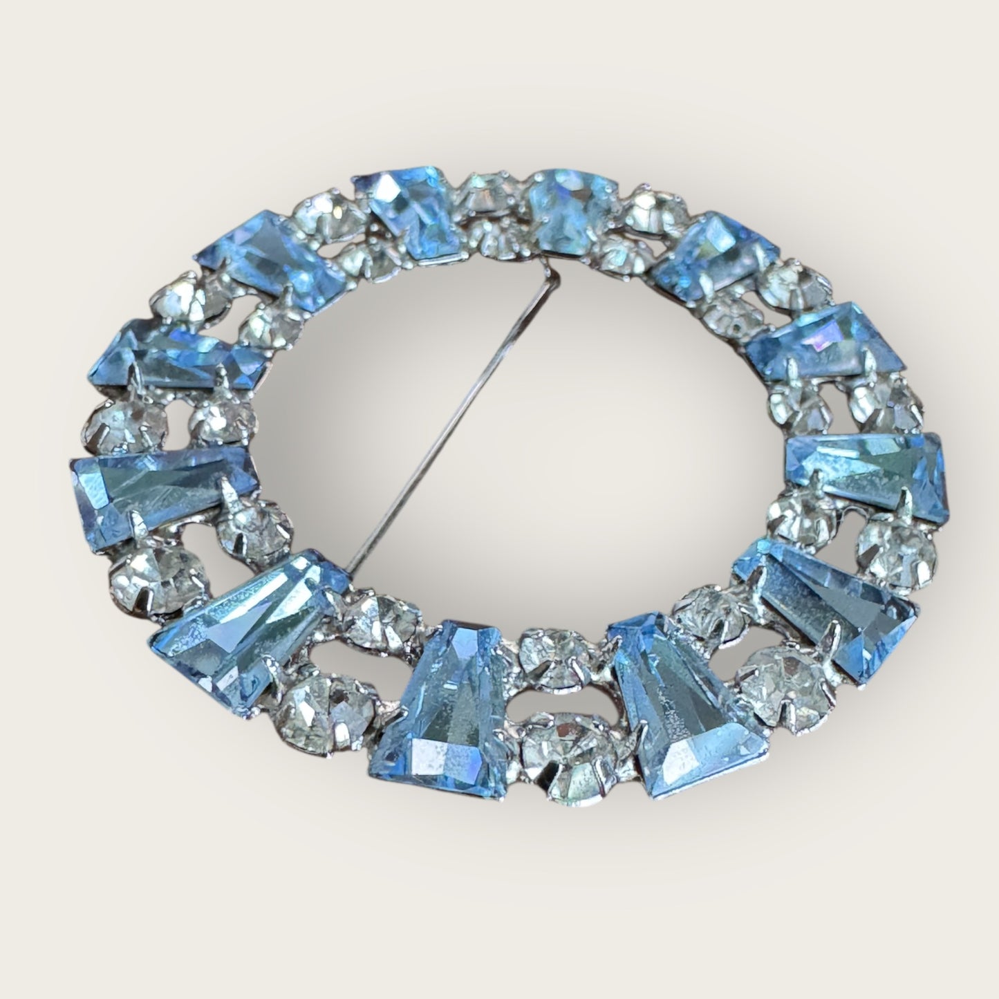 Vintage B. David Light Blue & Clear Rhinestone Circle Brooch – Silver-Tone | Mid-Century Elegance