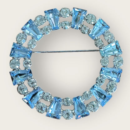 Vintage B. David Light Blue & Clear Rhinestone Circle Brooch – Silver-Tone | Mid-Century Elegance