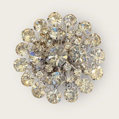 Vintage Domed Clear Rhinestone Burst Brooch – Silver-Tone Filigree | Brilliant Mid-Century Sparkle