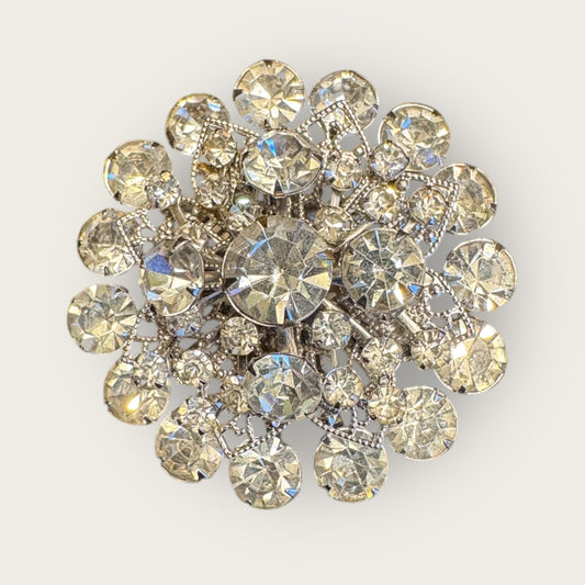 Vintage Domed Clear Rhinestone Burst Brooch – Silver-Tone Filigree | Brilliant Mid-Century Sparkle