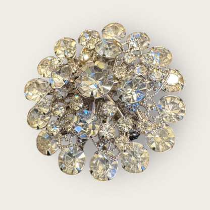 Vintage Domed Clear Rhinestone Burst Brooch – Silver-Tone Filigree | Brilliant Mid-Century Sparkle