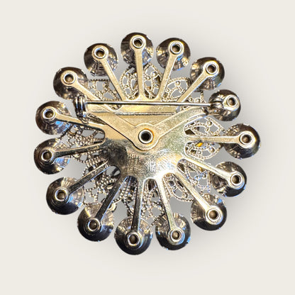 Vintage Domed Clear Rhinestone Burst Brooch – Silver-Tone Filigree | Brilliant Mid-Century Sparkle