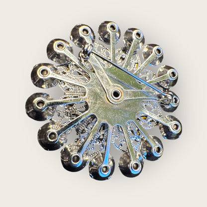 Vintage Domed Clear Rhinestone Burst Brooch – Silver-Tone Filigree | Brilliant Mid-Century Sparkle