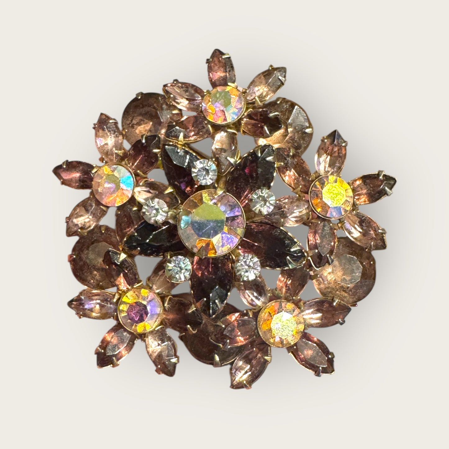 Vintage Mid-Century Layered Floral Spray Brooch – Amethyst, Lavender & Aurora Borealis Rhinestones