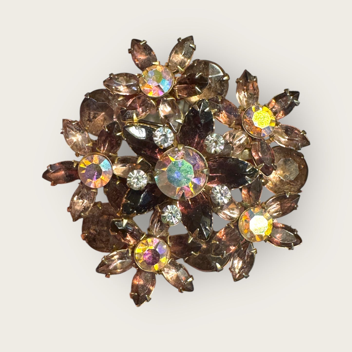 Vintage Mid-Century Layered Floral Spray Brooch – Amethyst, Lavender & Aurora Borealis Rhinestones