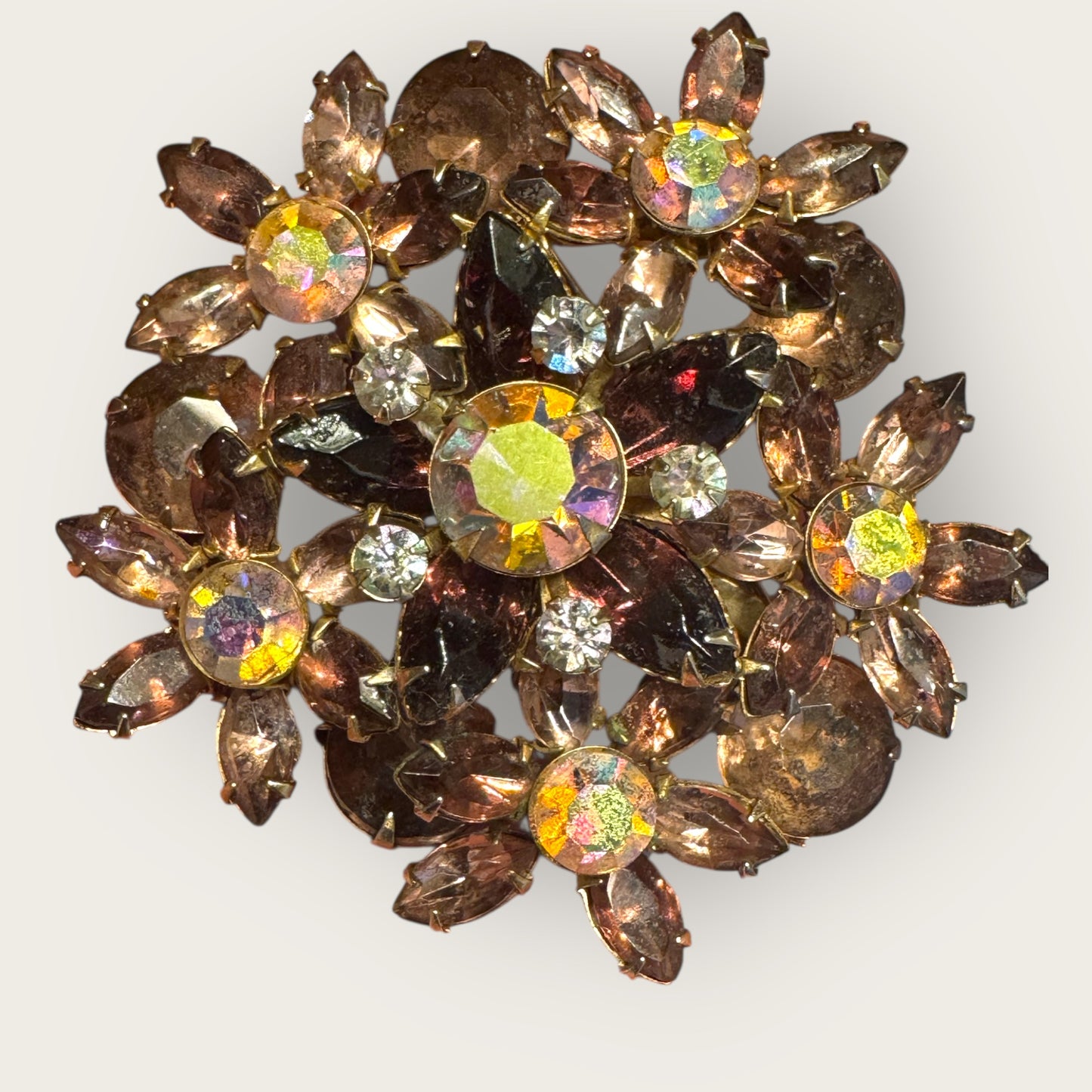 Vintage Mid-Century Layered Floral Spray Brooch – Amethyst, Lavender & Aurora Borealis Rhinestones