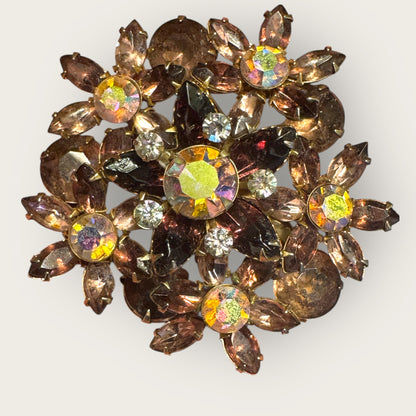 Vintage Mid-Century Layered Floral Spray Brooch – Amethyst, Lavender & Aurora Borealis Rhinestones