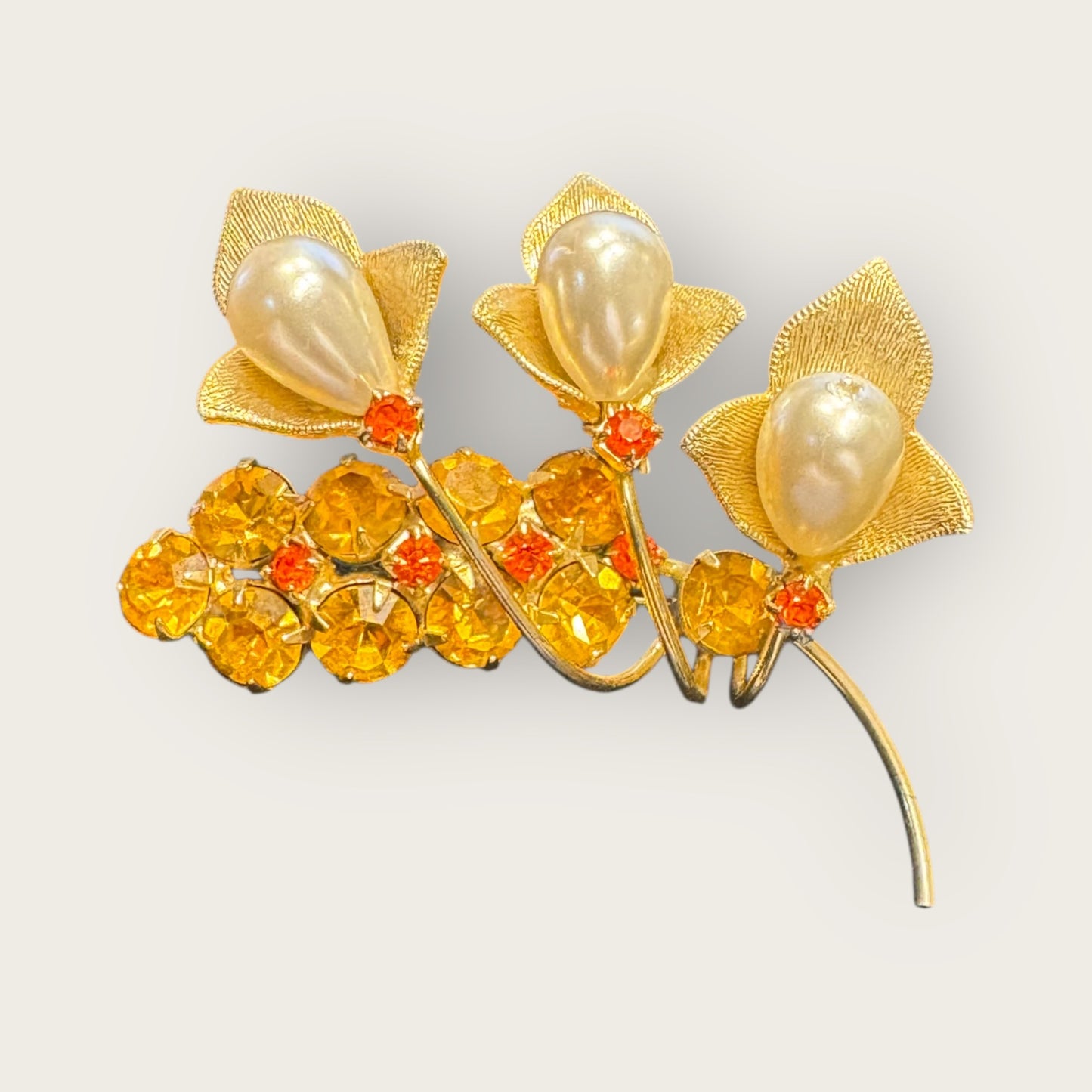 Vintage Gold-Tone Lily Spray Brooch – Faux Pearls & Topaz Rhinestones