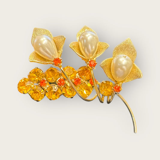 Vintage Gold-Tone Lily Spray Brooch – Faux Pearls & Topaz Rhinestones