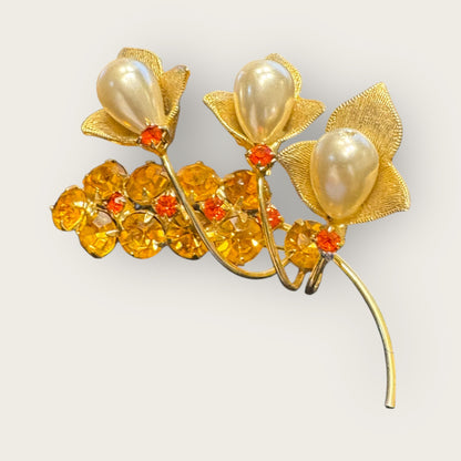 Vintage Gold-Tone Lily Spray Brooch – Faux Pearls & Topaz Rhinestones