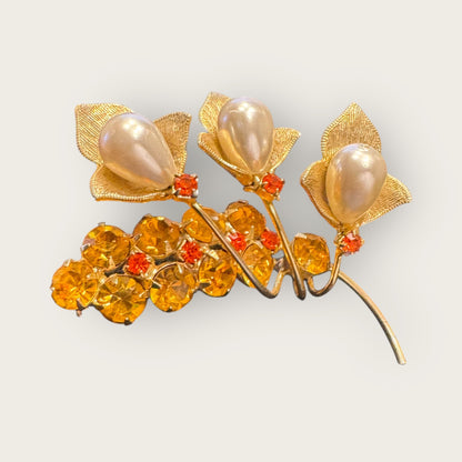 Vintage Gold-Tone Lily Spray Brooch – Faux Pearls & Topaz Rhinestones