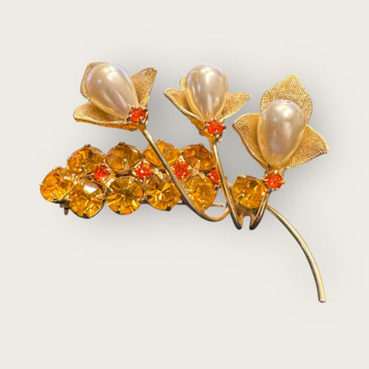 Vintage Gold-Tone Lily Spray Brooch – Faux Pearls & Topaz Rhinestones