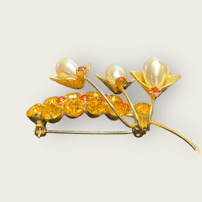 Vintage Gold-Tone Lily Spray Brooch – Faux Pearls & Topaz Rhinestones