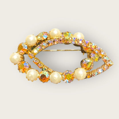 Vintage Aurora Borealis Swirl Brooch with Faux Pearls – Gold-Tone, Mid-Century Sparkle