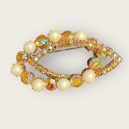 Vintage Aurora Borealis Swirl Brooch with Faux Pearls – Gold-Tone, Mid-Century Sparkle