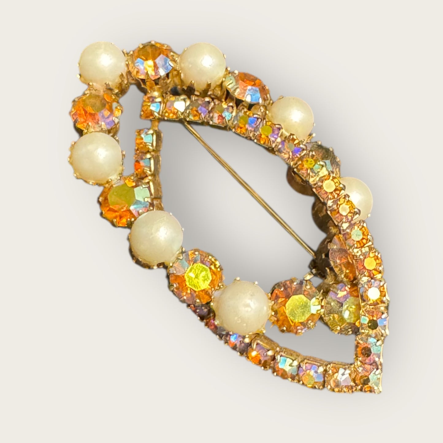 Vintage Aurora Borealis Swirl Brooch with Faux Pearls – Gold-Tone, Mid-Century Sparkle