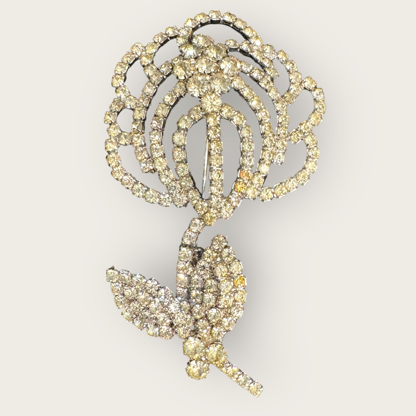 Vintage Clear Rhinestone Rose Brooch – Silvertone Floral Statement Pin