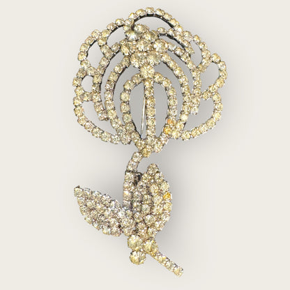 Vintage Clear Rhinestone Rose Brooch – Silvertone Floral Statement Pin