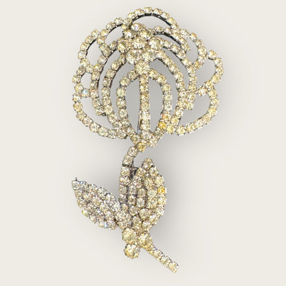 Vintage Clear Rhinestone Rose Brooch – Silvertone Floral Statement Pin