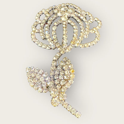 Vintage Clear Rhinestone Rose Brooch – Silvertone Floral Statement Pin