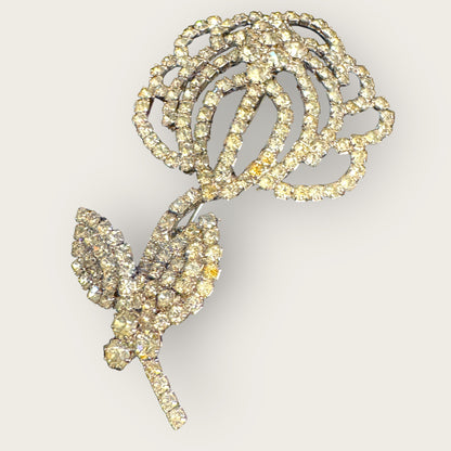 Vintage Clear Rhinestone Rose Brooch – Silvertone Floral Statement Pin