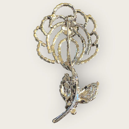 Vintage Clear Rhinestone Rose Brooch – Silvertone Floral Statement Pin